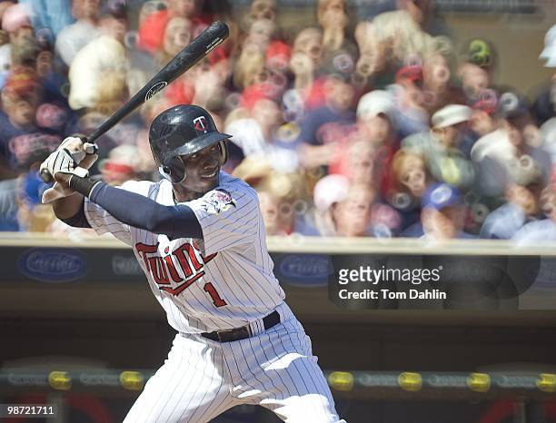 Orlando Hudson of the Minnesota Twins waits on a pitch during an MLB game against the Kansas City Royals at Target Field on April 18, 2010 in...