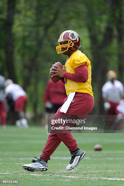 Quarterback Donovan McNabb of the Washington Redskins drops back to throw a pass during a mini camp on April 18, 2010 at Redskins Park in Ashburn,...