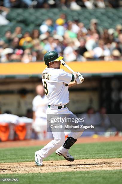 Kurt Suzuki of the Oakland Athletics hitting during the game against the Baltimore Orioles at the Oakland Coliseum in Oakland, California on April...