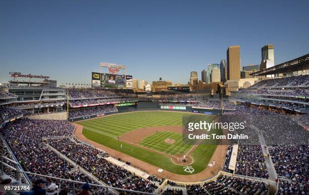 General view at twilight of the Minneapolis skyline during an MLB game between the Cleveland Indians and the Minnesota Twins at Target Field on April...