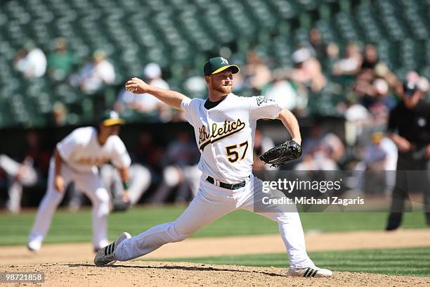 Chad Gaudin of the Oakland Athletics pitching during the game against the Baltimore Orioles at the Oakland Coliseum in Oakland, California on April...