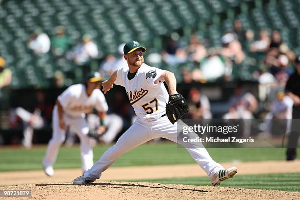 Chad Gaudin of the Oakland Athletics pitching during the game against the Baltimore Orioles at the Oakland Coliseum in Oakland, California on April...