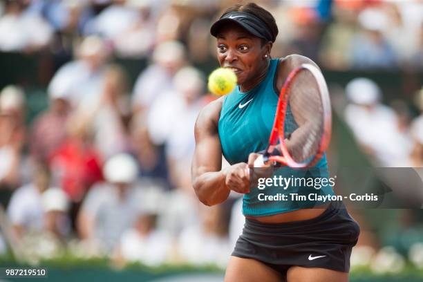 June 9. French Open Tennis Tournament - Day Twelve. Sloane Stephens of the United States in action against Simona Halep of Romania on Court...