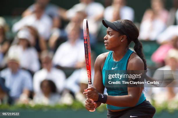 June 9. French Open Tennis Tournament - Day Twelve. Sloane Stephens of the United States in action against Simona Halep of Romania on Court...