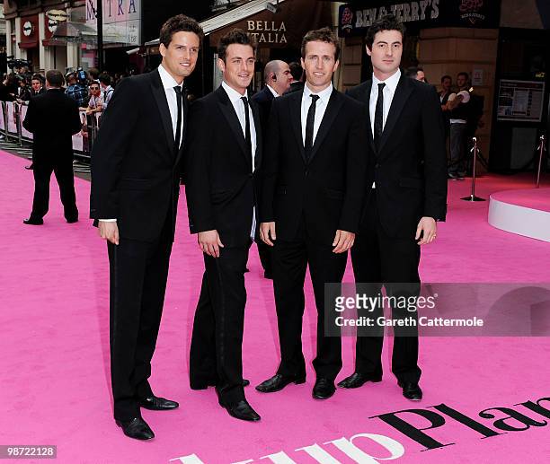 Humphrey Berney, Jules Knight, Oliver Baines and Simon Bowman from Blake arrive for the The Back-Up Plan UK Premiere at Vue Leicester Square on April...