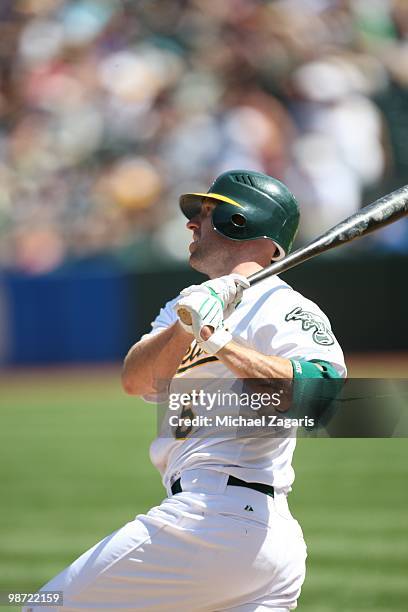 Kevin Kouzmanoff of the Oakland Athletics hitting during the game against the Baltimore Orioles at the Oakland Coliseum in Oakland, California on...