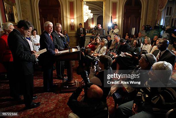 Sen. Christopher Dodd speaks as Senate Majority Leader Sen. Harry Reid and Sen. Sherrod Brown listen during a news conference April 28, 2010 on...