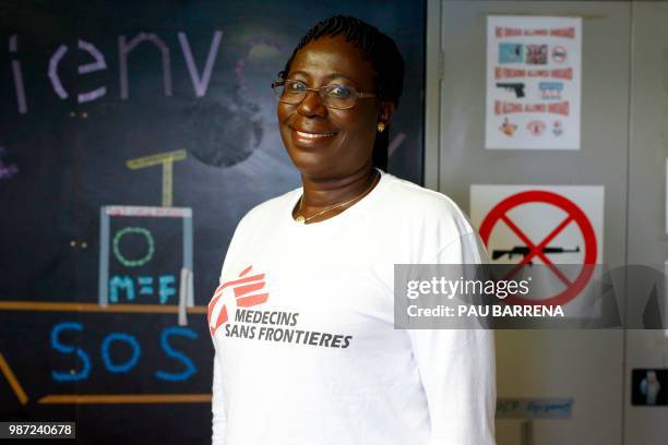 Ivorian midwife member of Doctors Without Borders on board Amoin Soulemane, poses at the midwife clinic of the Aquarius rescue vessel, chartered by...