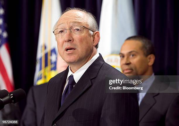 Ken Salazar, U.S. Secretary of the interior, speaks at a news conference as Patrick Deval, governor of Massachusetts, listens at right, in Boston,...