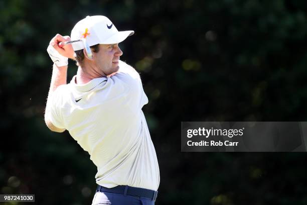 Harris English hits off the 16th tee during the second round of the Quicken Loans National at TPC Potomac on June 29, 2018 in Potomac, Maryland.