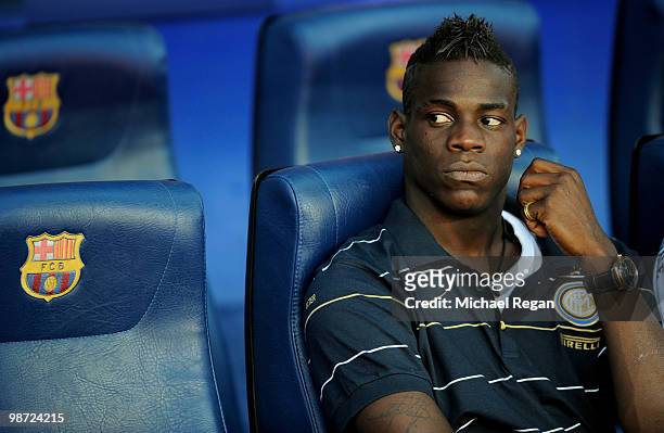 Mario Balotelli of Inter Milan looks on before the UEFA Champions League Semi Final Second Leg match between Barcelona and Inter Milan at Camp Nou on...