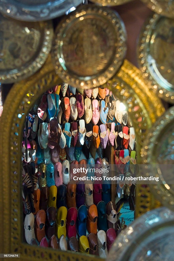 Traditional footware (babouches) for sale in the souk, Medina, Marrakech (Marrakesh), Morocco, North Africa, Africa