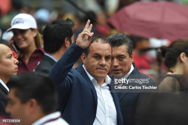 Former soccer payer Cuauhtemoc Blanco greets supporters during Andres Manuel Lopez Obrador final event of the 2018 Presidential Campaign of Andres...