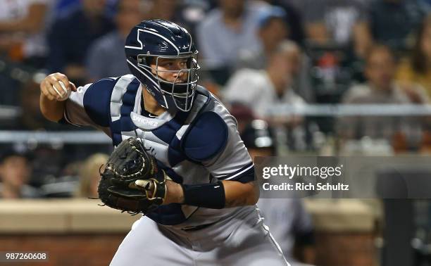 Gary Sanchez of the New York Yankees in action against the New York Mets during a game at Citi Field on June 9, 2018 in the Flushing neighborhood of...