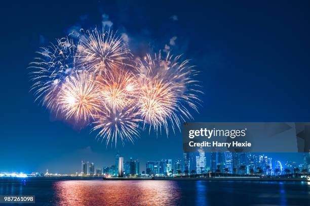 fireworks at front row - qatar night stock pictures, royalty-free photos & images