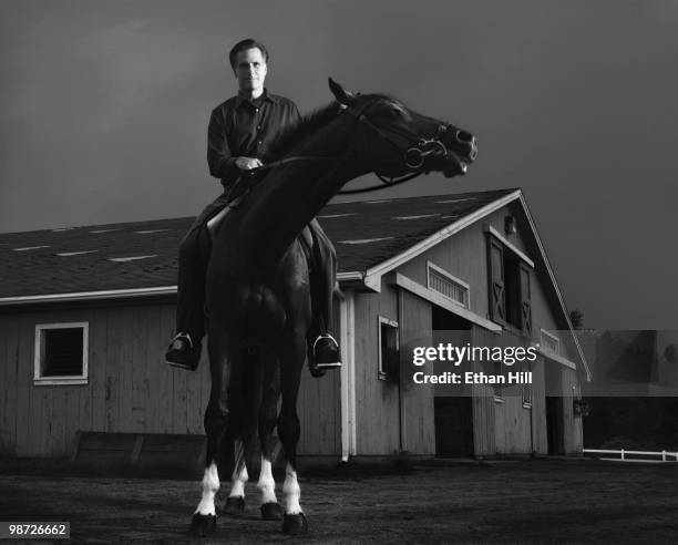 Former Governor of Massachusetts and politician, Mitt Romney riding one of his horses at a portrait session for Newsweek Magazine in Massachusetts in...