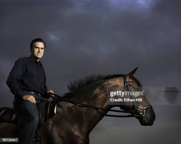 Former Governor of Massachusetts and politician, Mitt Romney riding one of his horses at a portrait session for Newsweek Magazine in Massachusetts in...