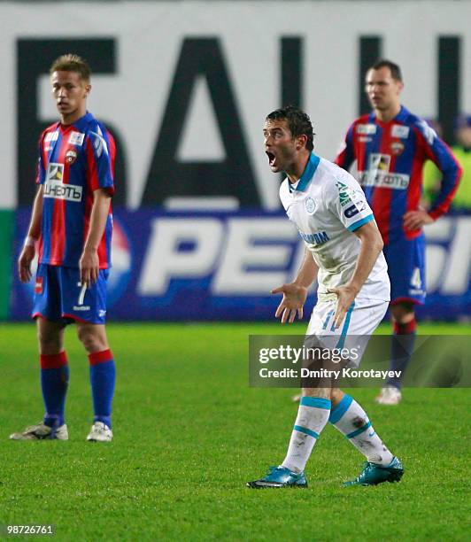 Aleksandr Kerzhakov of FC Zenit St. Petersburg celebrates after scoring a goal during the Russian Football League Championship match between PFC CSKA...