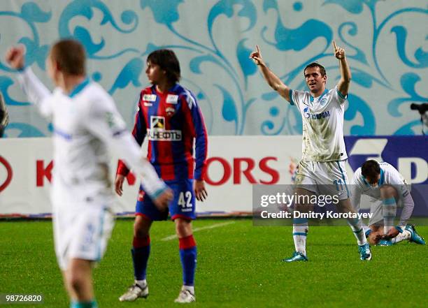 Aleksandr Kerzhakov of FC Zenit St. Petersburg celebrates after scoring a goal during the Russian Football League Championship match between PFC CSKA...