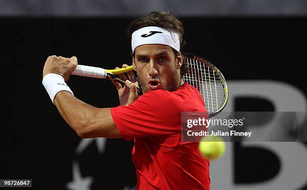 Feliciano Lopez of Spain in action against Marin Cilic of Croatia during day four of the ATP Masters Series - Rome at the Foro Italico Tennis Centre...