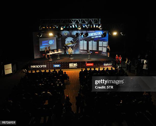 Secretary general Eduardo Deluca speaks during the draw of the Copa Sudamericana tournament April 28, 2010 in luque, Paraguay. AFP PHOTO Norberto...