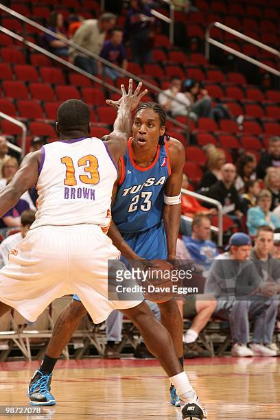 Larry Owens of the Tulsa 66ers looks to make a play to the basket against Denham Brown of the Iowa Energy in Game Two of the Semifinal seriesof the...