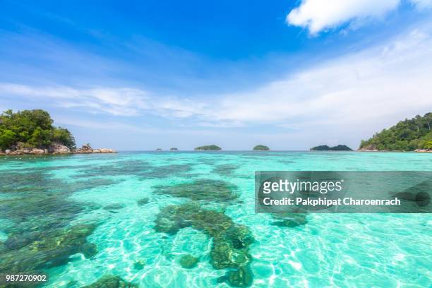 crystal turquoise green sea ocean clear water and mountain at lipe island satun thailand. - ko lipe stock pictures, royalty-free photos & images