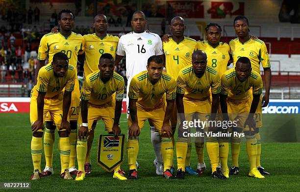 The team of South Africa poses for a photo ahead of the international friendly match between South Africa and Jamaica at Bieberer Berg Stadium on...