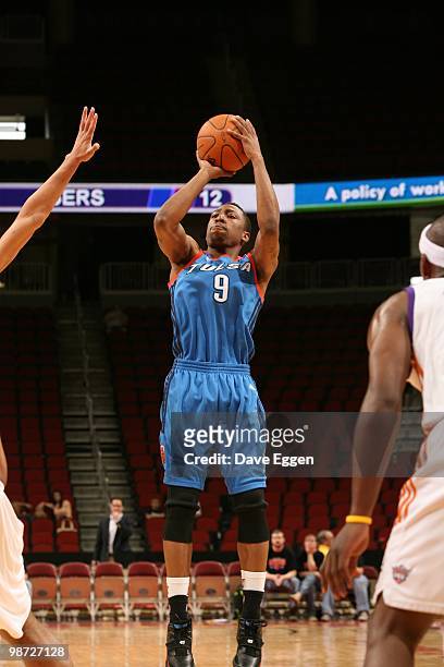JaJuan Smith of the Tulsa 66ers shoots the outside jump shot against the Iowa Energy in Game Two of the Semifinal seriesof the D-League playoffs on...