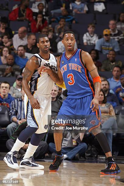 Tracy McGrady of the New York Knicks moves against O.J. Mayo of the Memphis Grizzlie on March 12, 2010 at FedExForum in Memphis, Tennessee. NOTE TO...