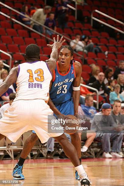 Larry Owens of the Tulsa 66ers looks to make a play to the basket against Denham Brown of the Iowa Energy in Game Two of the Semifinal seriesof the...