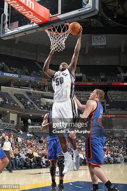 Zach Randolph of the Memphis Grizzlies puts a shot up against the New York Knicks on March 12, 2010 at FedExForum in Memphis, Tennessee. NOTE TO...