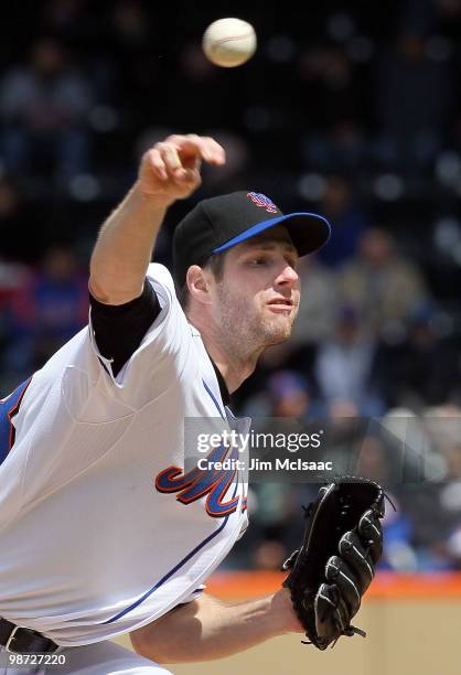 John Maine of the New York Mets pitches against the Los Angeles Dodgers on April 28, 2010 at Citi Field in the Flushing neighborhood of the Queens...