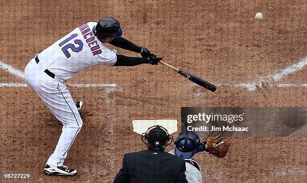 Jeff Francoeur of the New York Mets connects for a third inning RBI double against the Los Angeles Dodgers on April 28, 2010 at Citi Field in the...