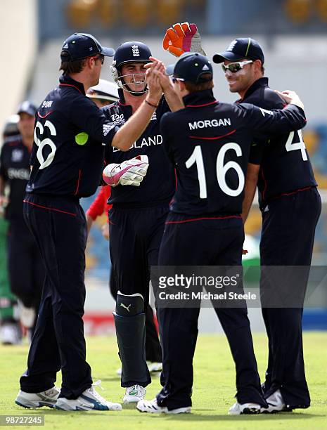 Michael Lumb is congratulated by Eoin Morgan Craig Kiieswetter and Graham Swann after he took the catch to dismiss Islam Jahirul on April 28, 2010 in...