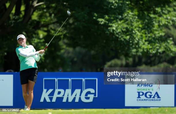 Stacy Lewis hits her tee shot on the tenth hole during the second round of the KPMG Women's PGA Championship at Kemper Lakes Golf Club on June 29,...