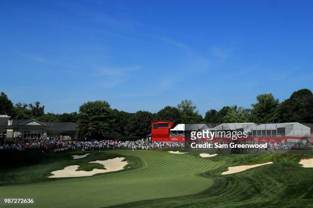 General view of the 18th green as Tiger Woods, Marc Leishman and Bill Haas play during the second round of the Quicken Loans National at TPC Potomac...