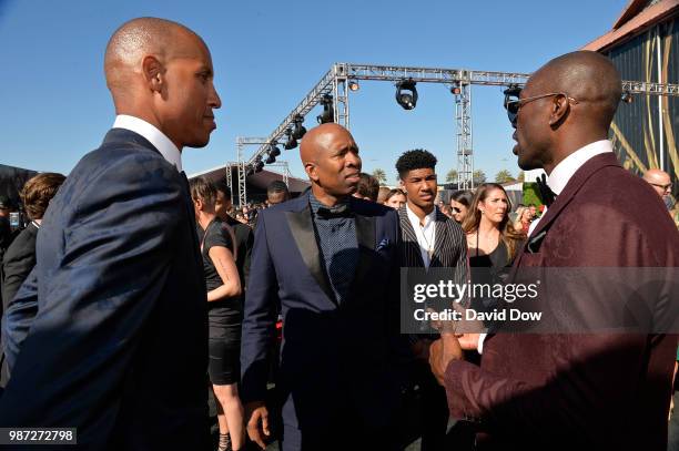 Reggie Miller, Kenny Smith, and Terrell Owens talk before the NBA Awards Show on June 25, 2018 at the Barker Hangar in Santa Monica, California. NOTE...