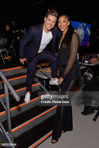 Adam DeVine and Candace Parker of the Los Angeles Sparks pose for a photo at the NBA Awards Show on June 25, 2018 at the Barker Hangar in Santa...