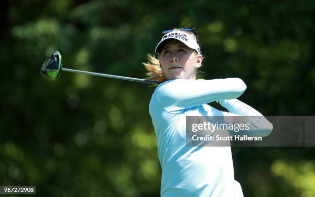 Jessica Korda hits her tee shot on the tenth hole during the second round of the KPMG Women's PGA Championship at Kemper Lakes Golf Club on June 29,...