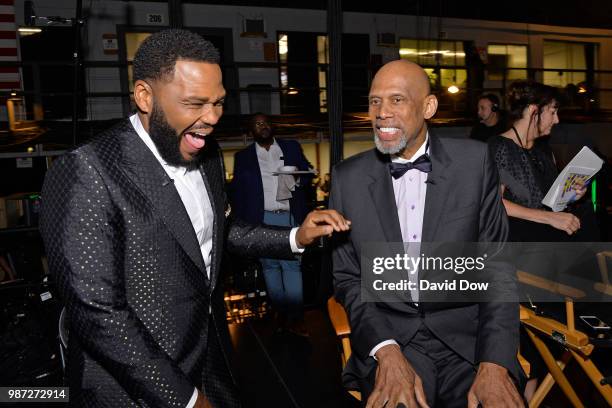 Anthony Anderson speaks to Kareem Abdul-Jabbar at the NBA Awards Show on June 25, 2018 at the Barker Hangar in Santa Monica, California. NOTE TO...