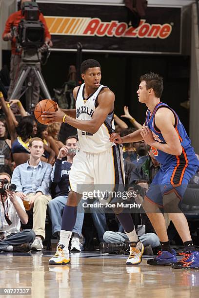 Rudy Gay of the Memphis Grizzlies looks to move the ball against the New York Knicks on March 12, 2010 at FedExForum in Memphis, Tennessee. NOTE TO...
