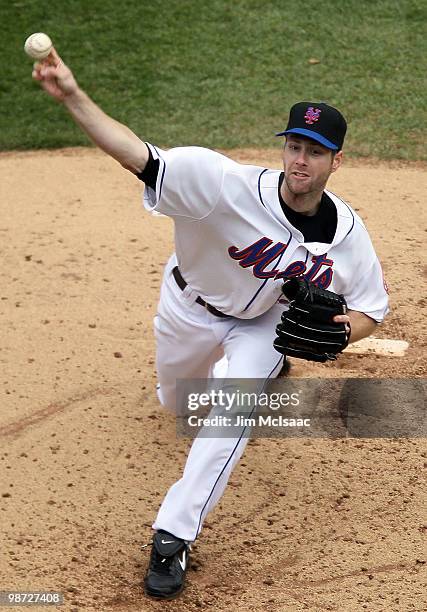 John Maine of the New York Mets pitches against the Los Angeles Dodgers on April 28, 2010 at Citi Field in the Flushing neighborhood of the Queens...