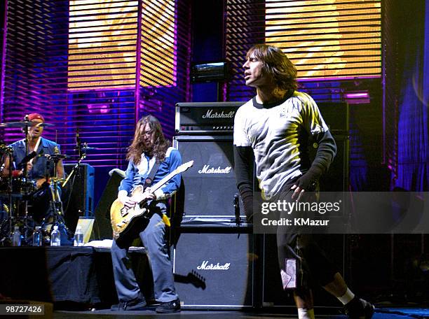 Chad Smith on drums, John Frusciante and Anthony Kiedis of Red Hot Chili Peppers