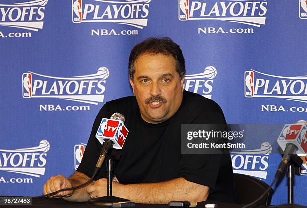 Head coach Stan Van Gundy of the Orlando Magic talks to the media after their 90-86 win over the Charlotte Bobcats in Game Three of the Eastern...
