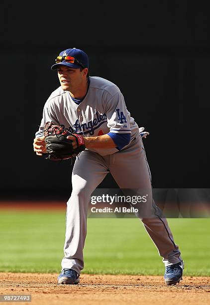 Jamey Carroll of the Los Angeles Dodgers in action against the New York Mets during their game on April 27, 2010 at Citi Field in the Flushing...