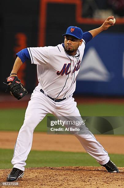 Pedro Feliciano of the New York Mets pithches against the Los Angeles Dodgers during their game on April 27, 2010 at Citi Field in the Flushing...