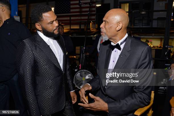 Anthony Anderson speaks to Kareem Abdul-Jabbar at the NBA Awards Show on June 25, 2018 at the Barker Hangar in Santa Monica, California. NOTE TO...