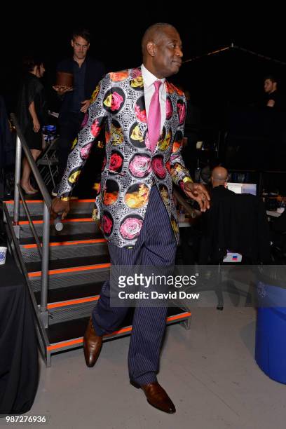 Dikembe Mutombo receives the Craig Sager Strong Award at the NBA Awards Show on June 25, 2018 at the Barker Hangar in Santa Monica, California. NOTE...