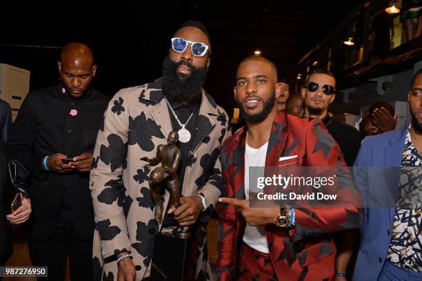 James Harden and Chris Paul of the Houston Rockets pose for a photo at the NBA Awards Show on June 25, 2018 at the Barker Hangar in Santa Monica,...